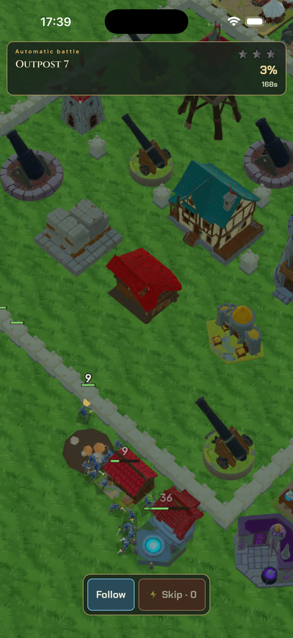 Swordsmen surrounding an enemy hut in battle