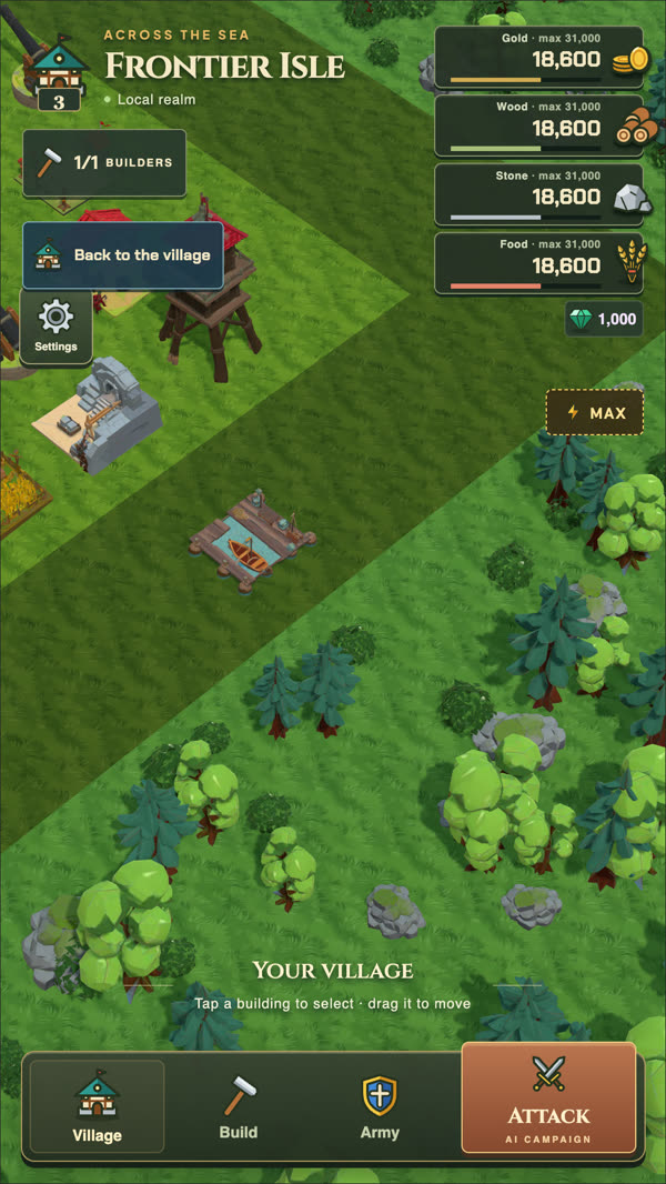 Frontier Isle with its own buildings and forest