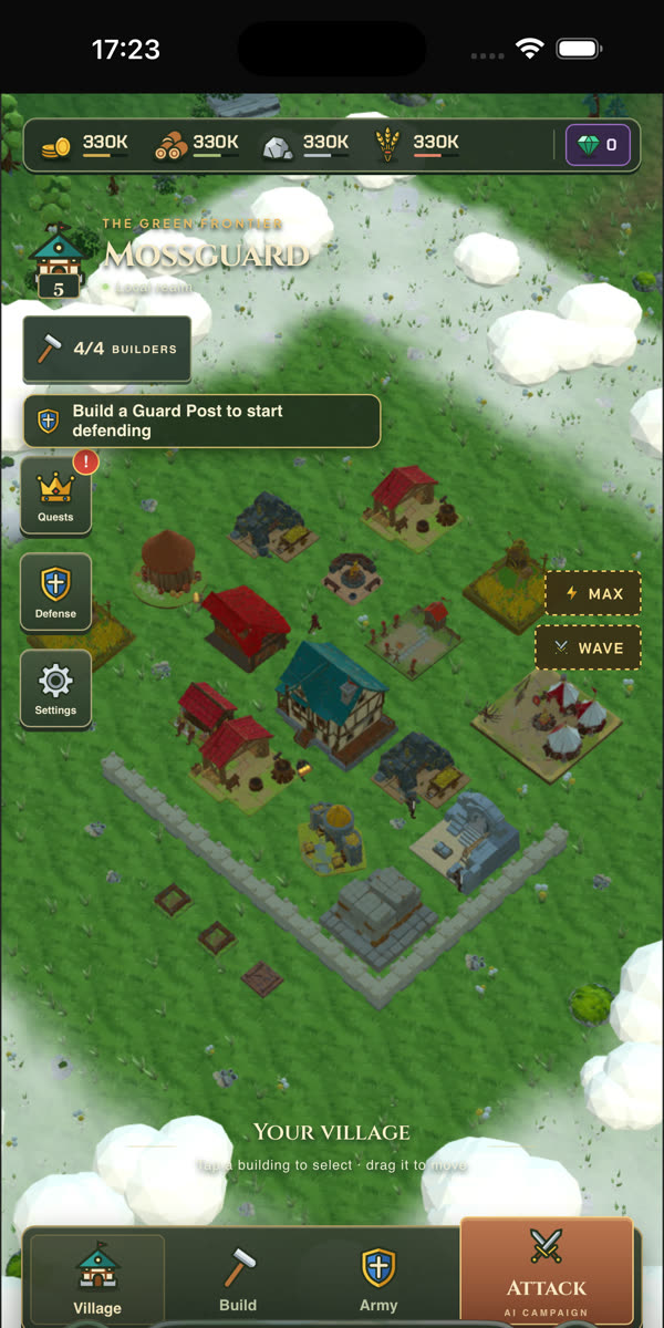 A walled village of houses, mines and towers round the Royal Keep